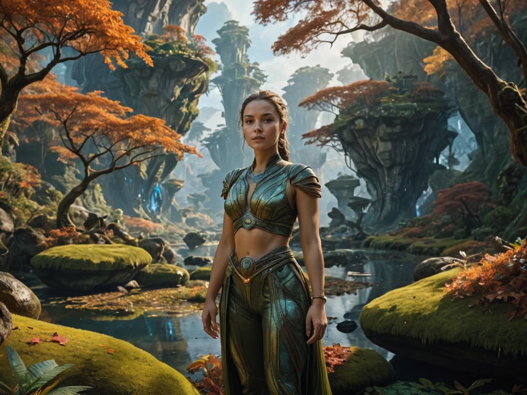 Futuristic Woman in Lush Fantasy Landscape