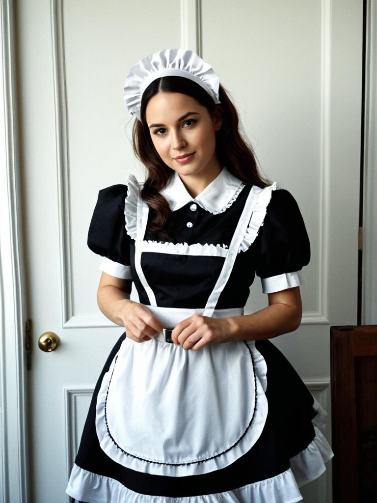 Classic Lockable Maid Costume with White Ruffled Apron and Headband