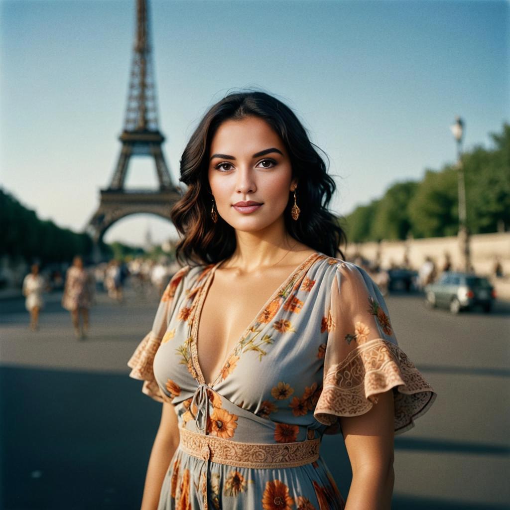 Woman in Floral Dress at Eiffel Tower