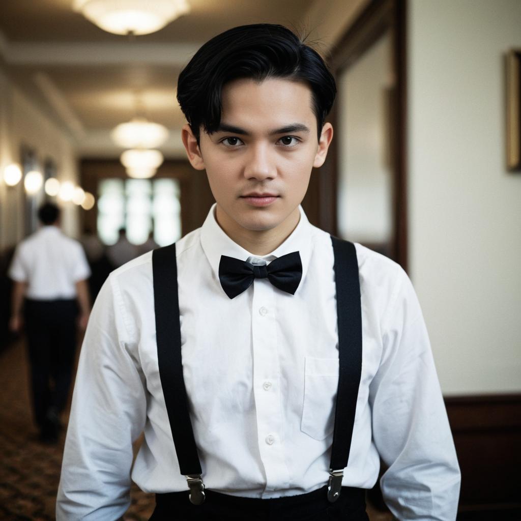 Young Man in Vintage Attire in Elegant Hallway