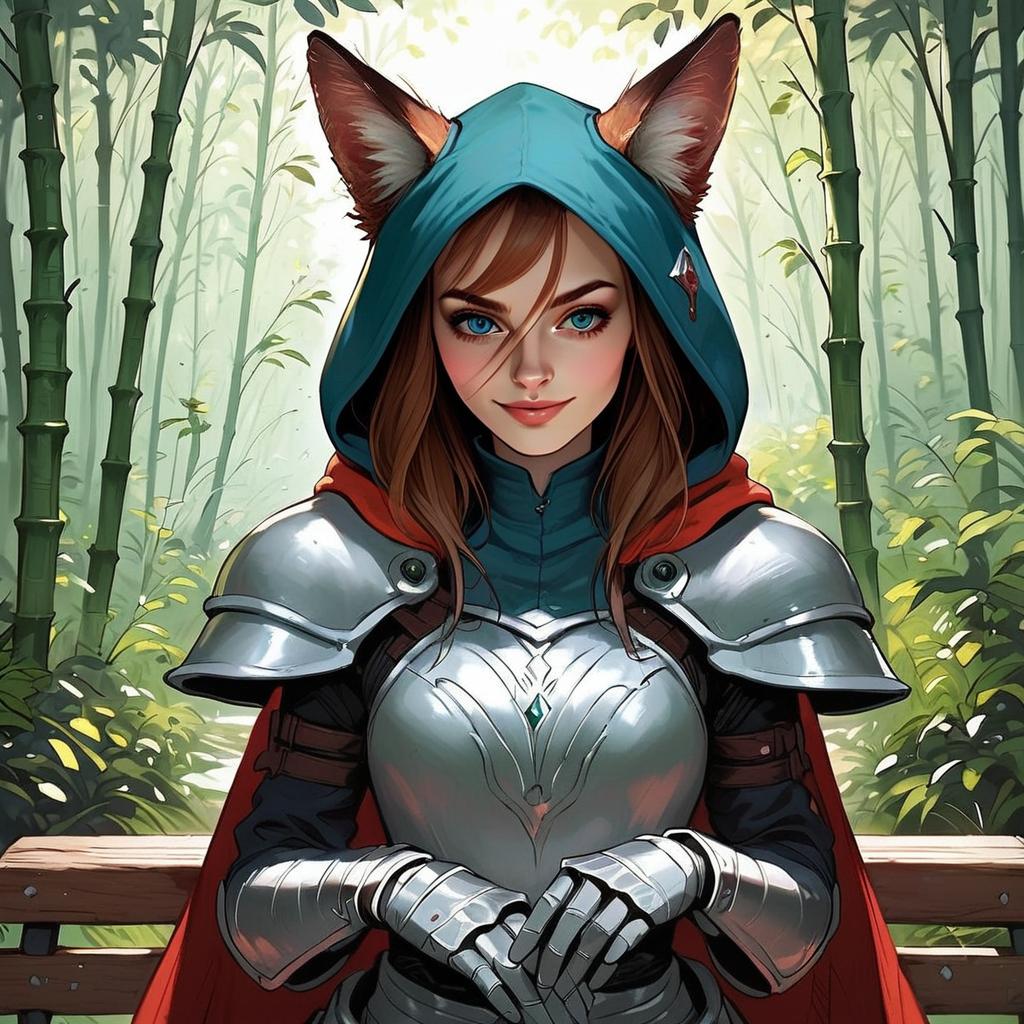 Confident Woman in Silver Armor with Fox Ears in Bamboo Forest Confident Woman in Silver Armor with Fox Ears in Bamboo Forest
