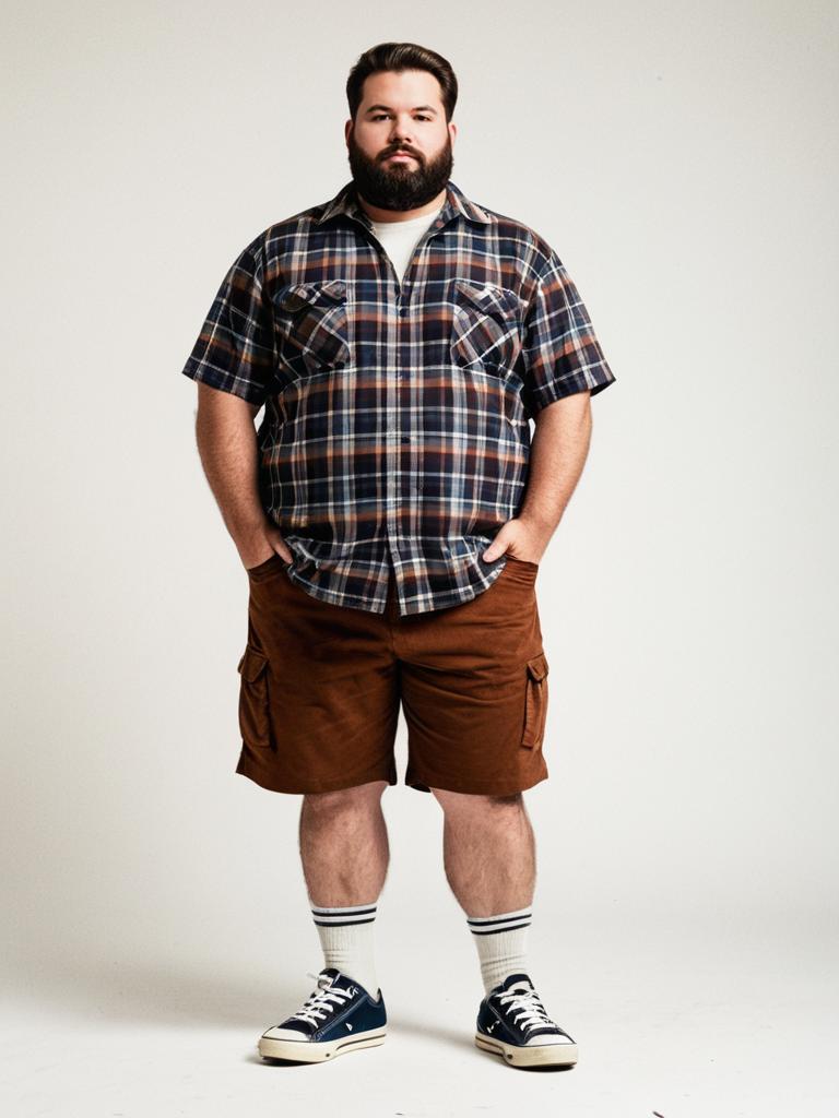 Plus Size Man in Casual Jock-Inspired Outfit with Plaid Shirt and Cargo Shorts