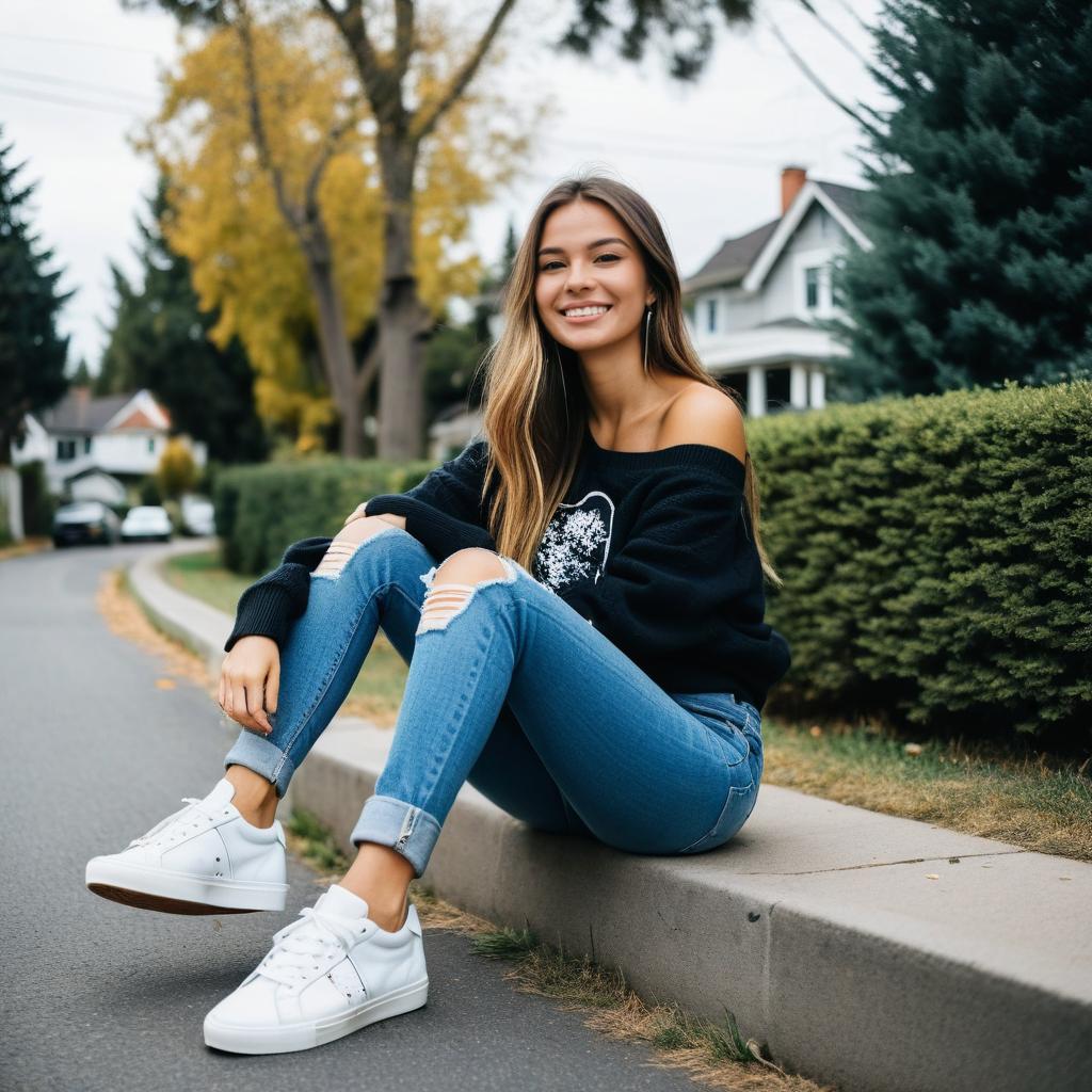 Casual Autumn Portrait of a Smiling Woman Sitting on Curb in Suburban Neighborhood