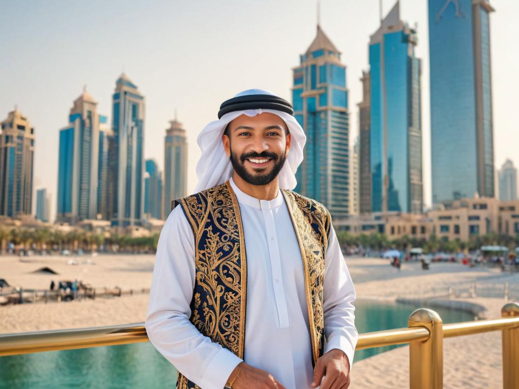 Arab Man in Traditional Attire with Dubai Skyline