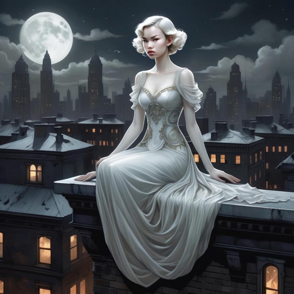 Woman in White Gown on Rooftop Under Full Moon Woman in White Gown on Rooftop Under Full Moon