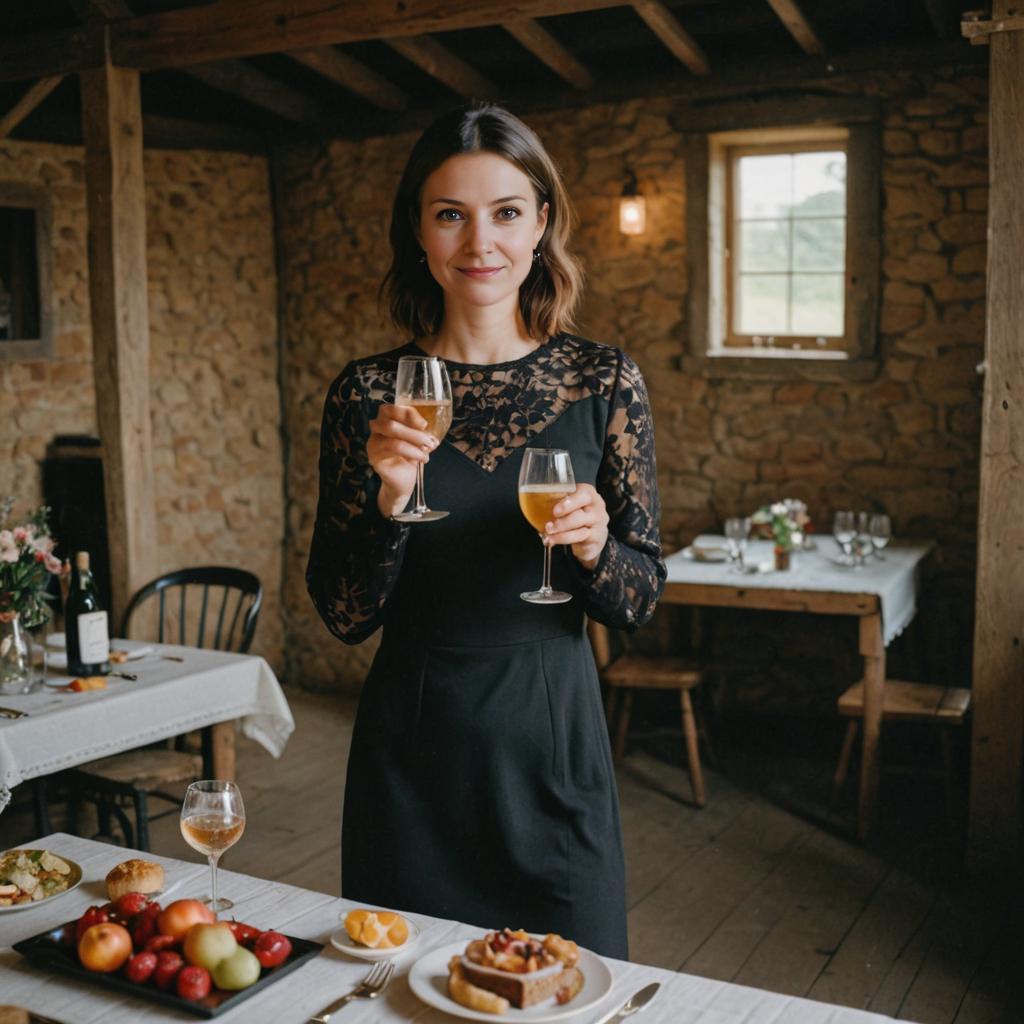 Elegant Woman in Black Lace with White Wine