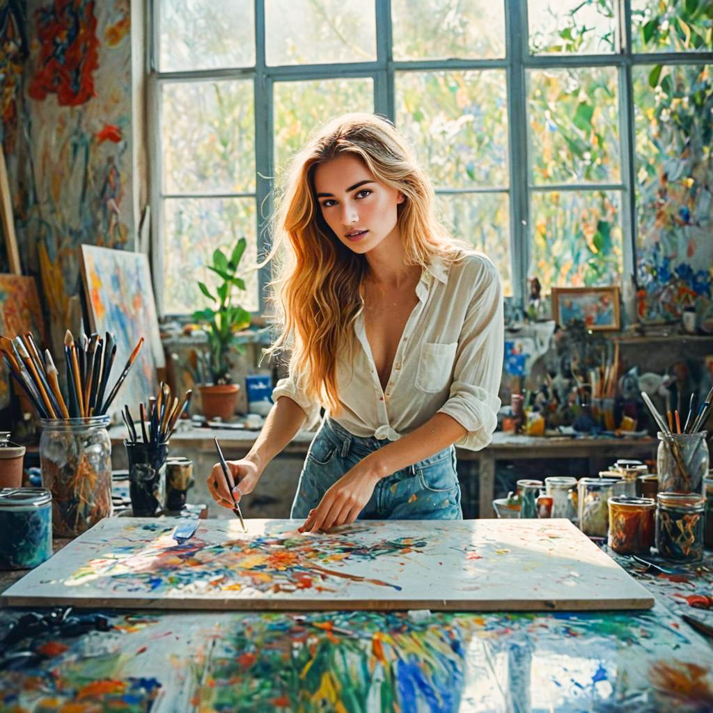 Young Woman Painting in Art Studio