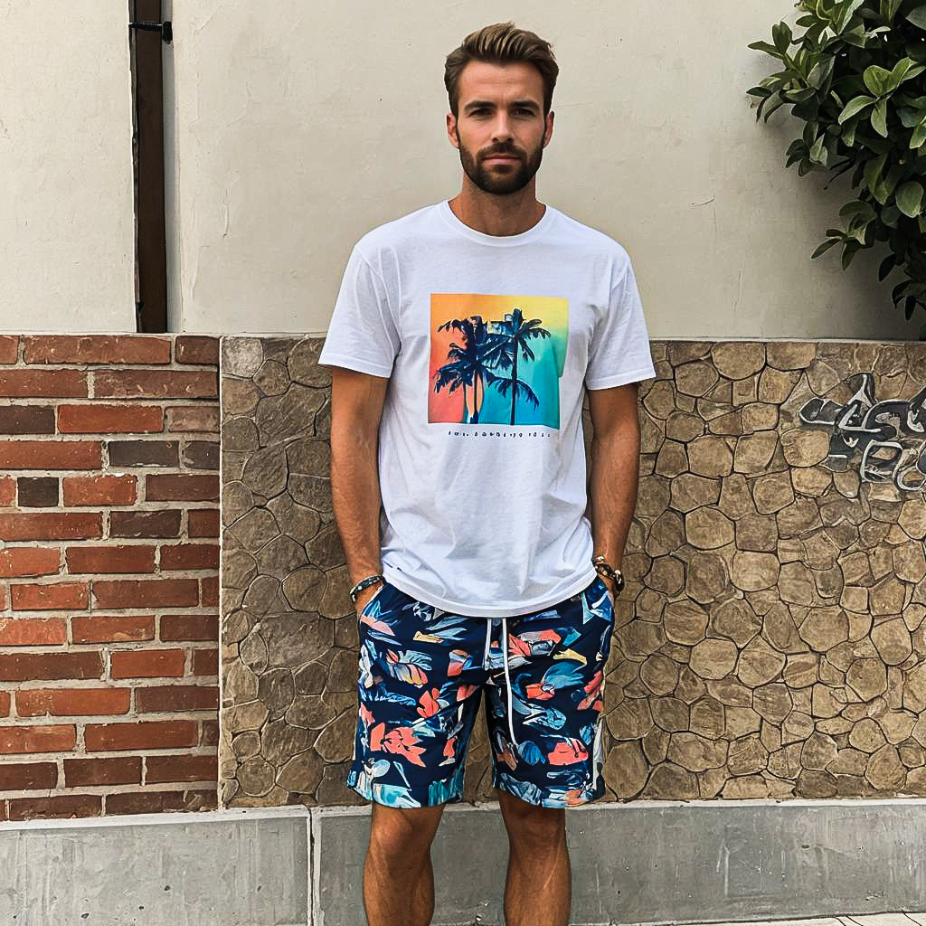 Stylish Young Man in Graphic Tee and Floral Shorts