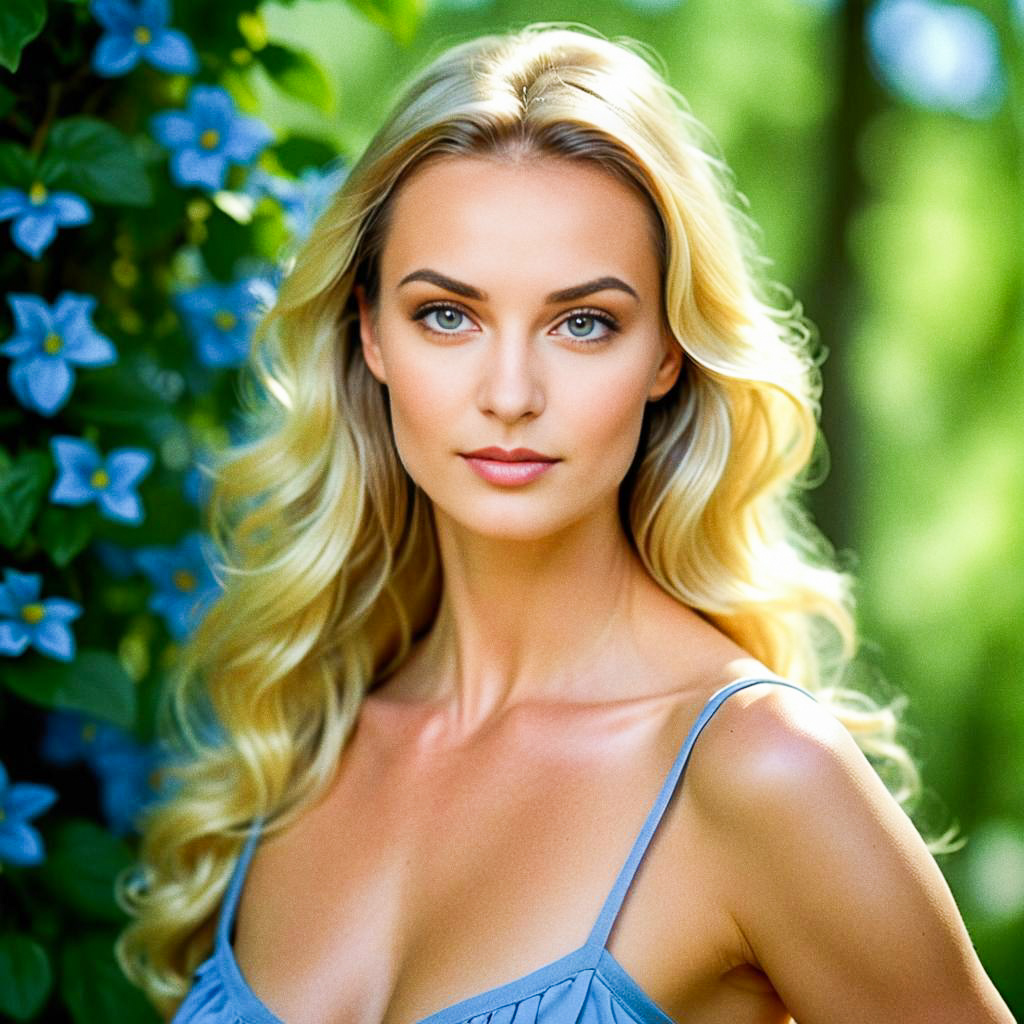 Elegant Woman with Blonde Hair and Blue Flowers