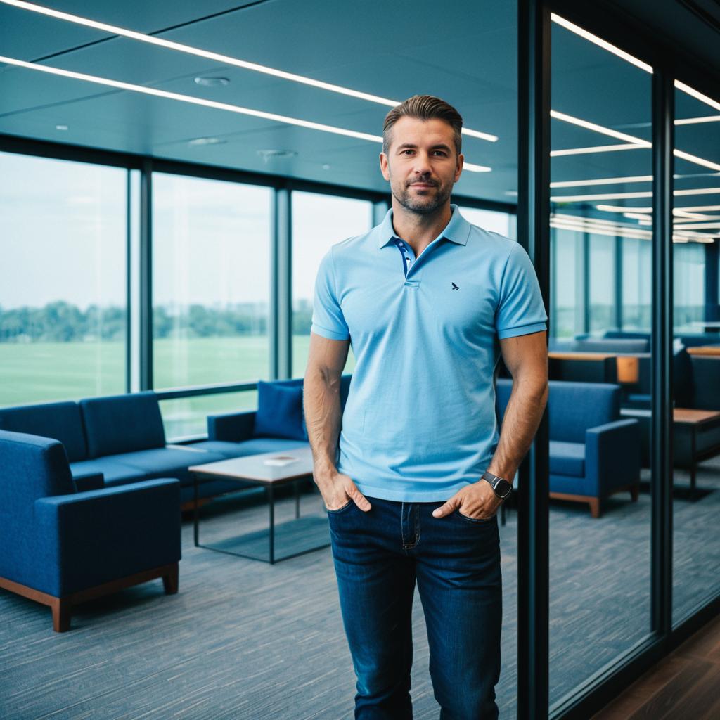 Confident Man in Light Blue Polo Shirt in Modern Office Lounge