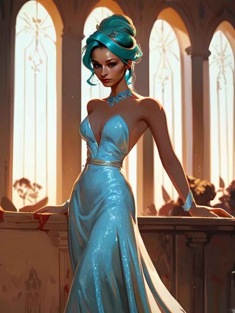 Elegant Woman with Teal Hair in Shimmering Blue Gown Elegant Woman with Teal Hair in Shimmering Blue Gown