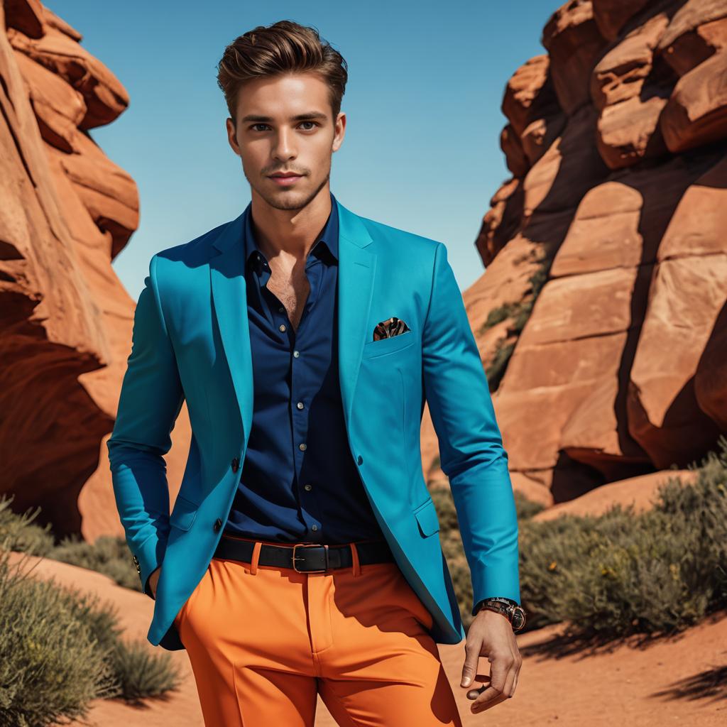 Stylish Man in Turquoise Suit and Orange Trousers in Desert