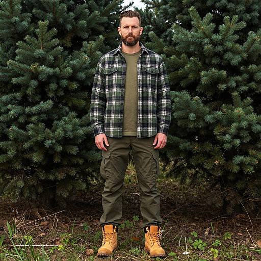 Man in Green Plaid Shirt and Cargo Pants Outdoors by Evergreen Trees