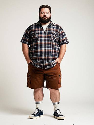 Plus Size Man in Casual Jock-Inspired Outfit with Plaid Shirt and Cargo Shorts