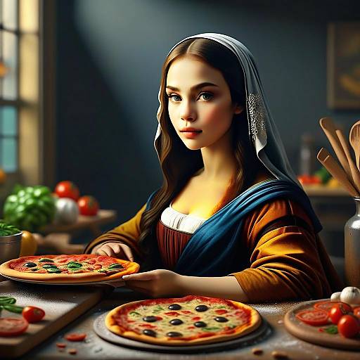 Renaissance Style Woman Preparing Fresh Pizzas in Artistic Kitchen Setting