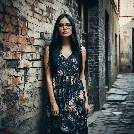 Young Woman in Floral Dress Standing by Brick Wall in Urban Alley