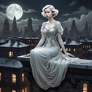 Woman in White Gown on Rooftop Under Full Moon