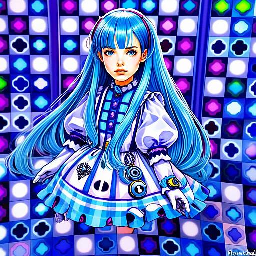 Anime Girl with Blue Hair in Futuristic Lolita Dress against Geometric Background