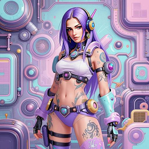 Cyberpunk Woman with Violet Hair and High-Tech Gear in Futuristic Digital Art