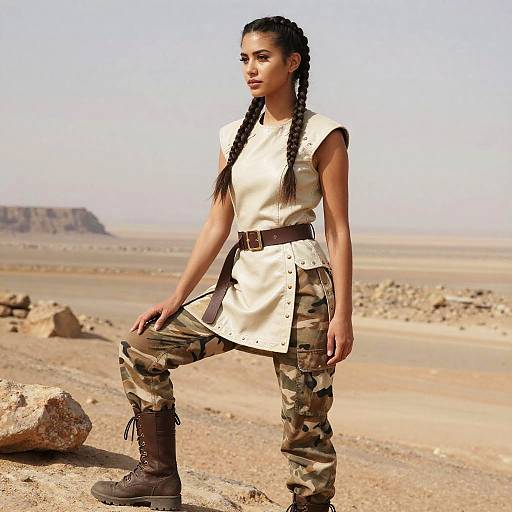 Young Woman in Military-Inspired Fashion Standing in Desert Landscape