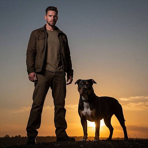 Man and Dog Standing Together at Sunset Outdoors
