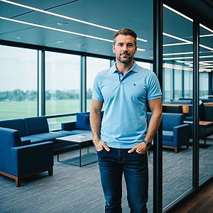 Confident Man in Light Blue Polo Shirt in Modern Office Lounge