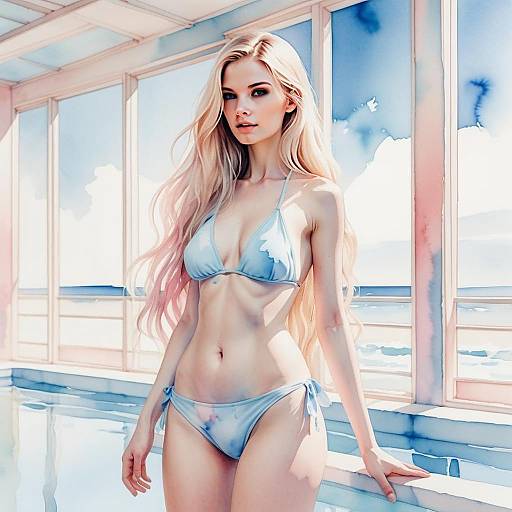 Blonde Woman in Blue Bikini by Indoor Pool with Watercolor Style