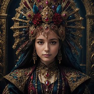 Regal Young Woman in Ornate Baroque Headdress and Embroidered Costume