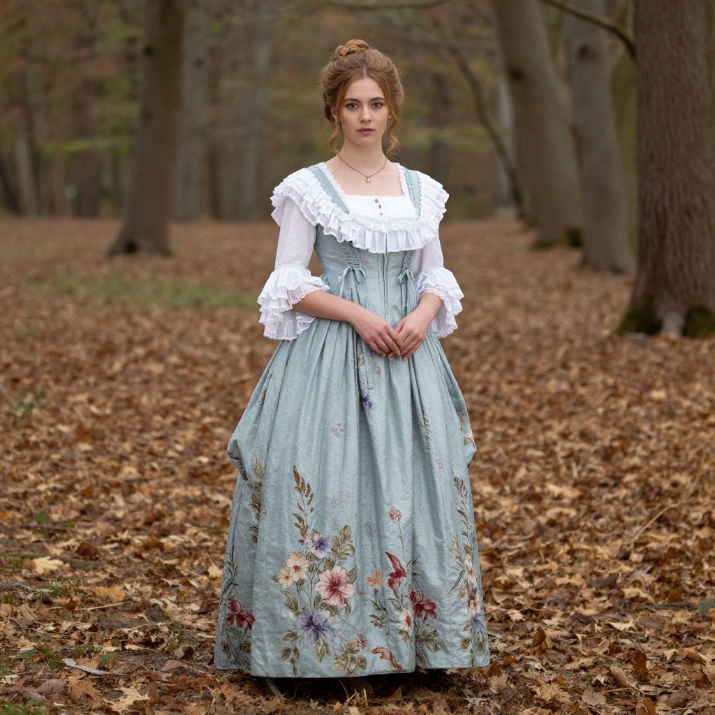 Woman in Vintage Floral Dress Standing in Autumn Forest