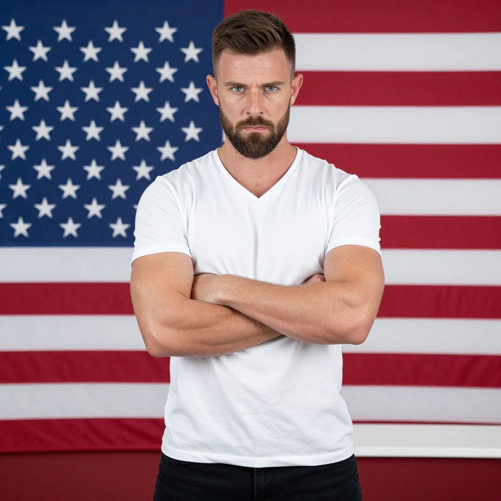 Serious Bearded Man in White T-Shirt with American Flag Background