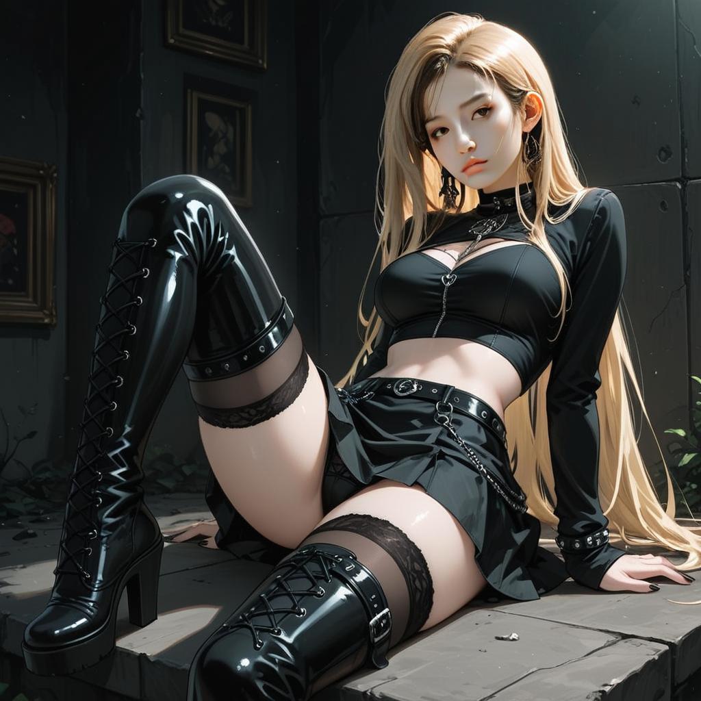 Dark Gothic Woman in Black Leather Outfit Digital Anime Illustration