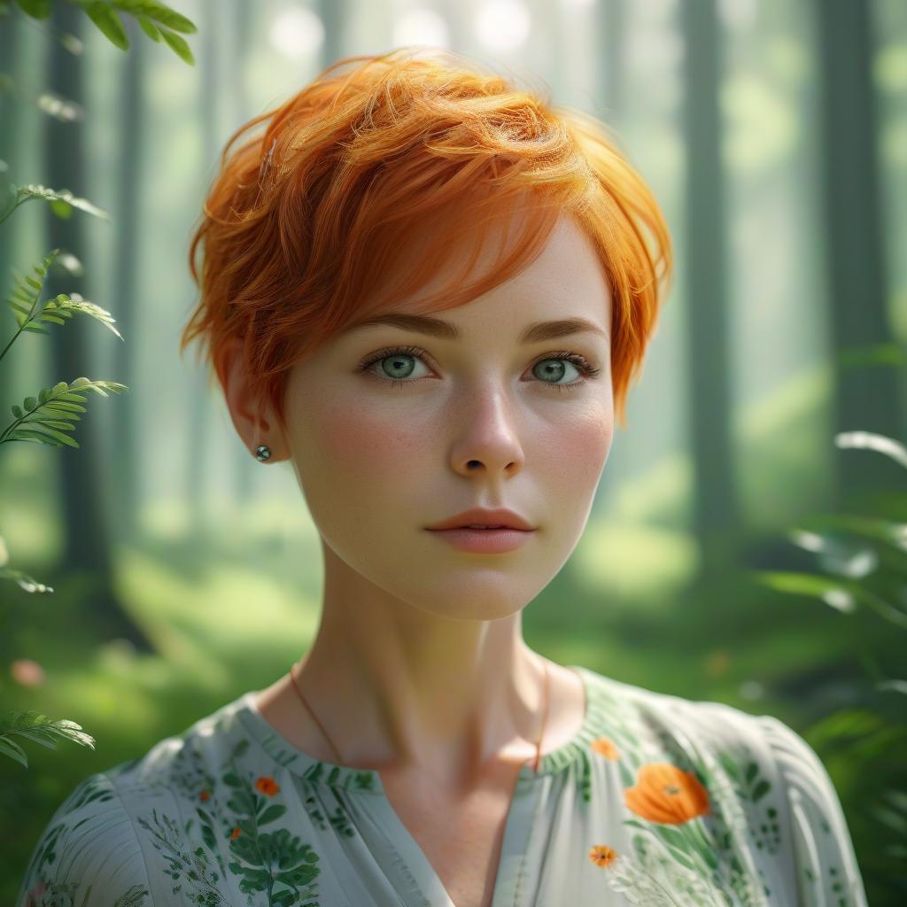 Young Woman in Floral Blouse in Forest Young Woman in Floral Blouse in Forest