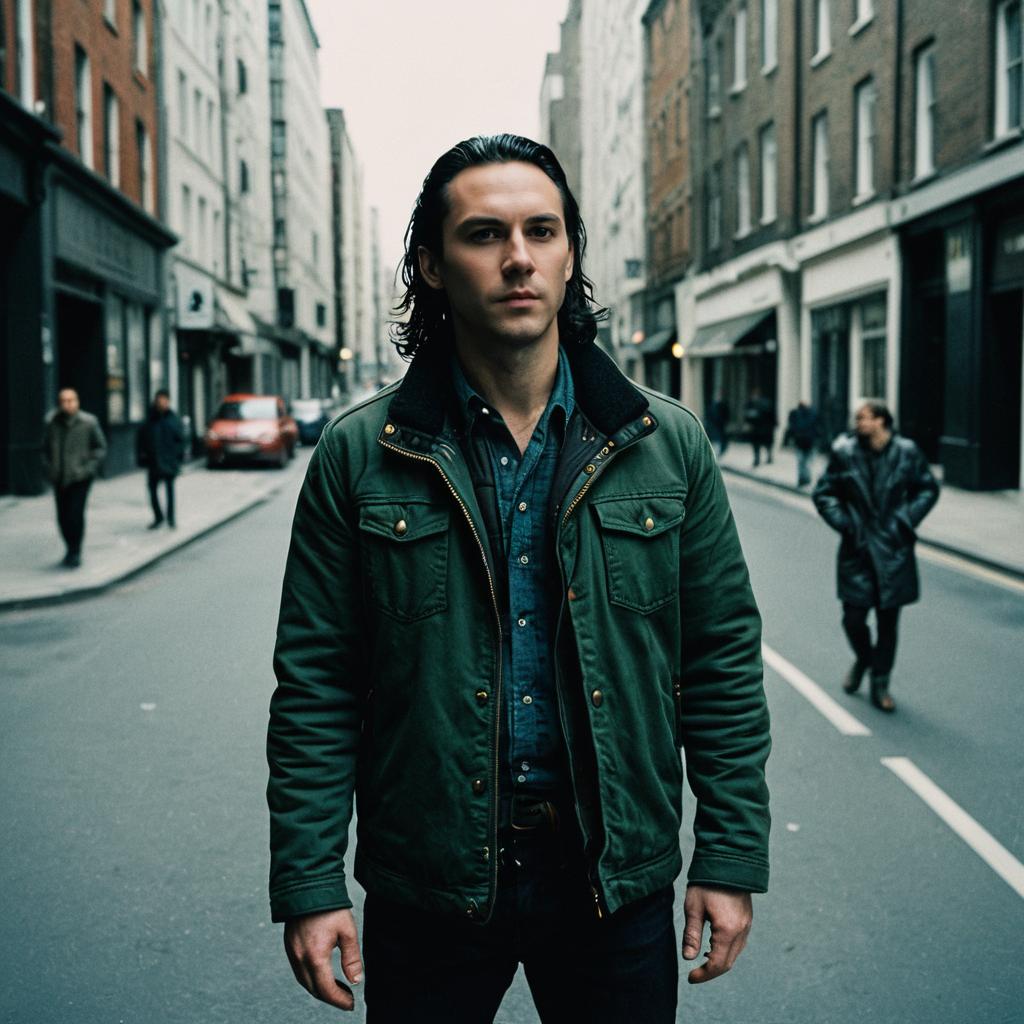 Man Standing on City Street Wearing Green Jacket and Blue Shirt
