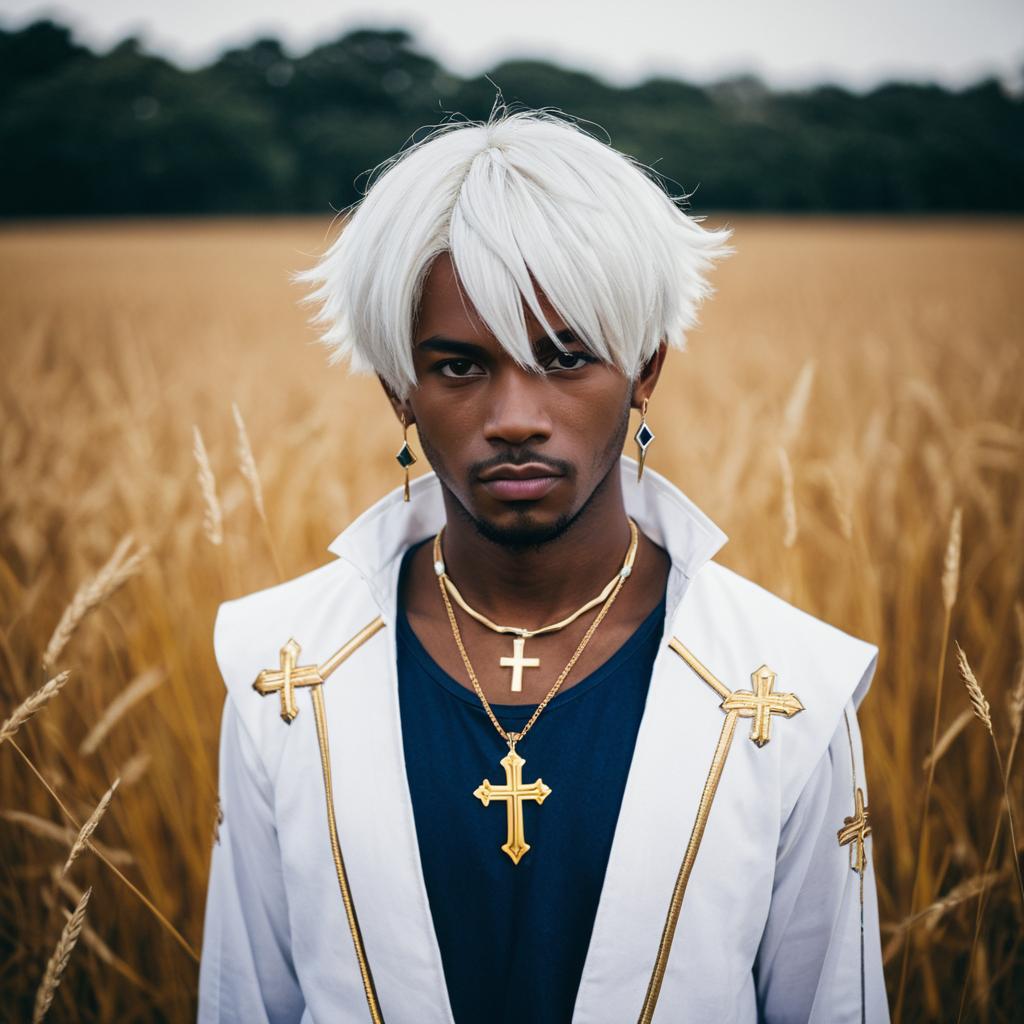 Amakusa Shirou Inspired Man with White Hair and Golden Cross Jewelry in Wheat Field