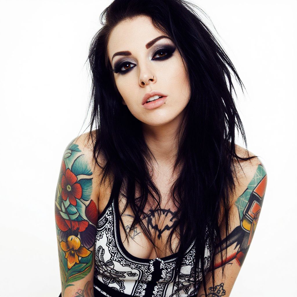 Portrait of Woman with Black Hair and Colorful Tattoos in Smoky Eye Makeup