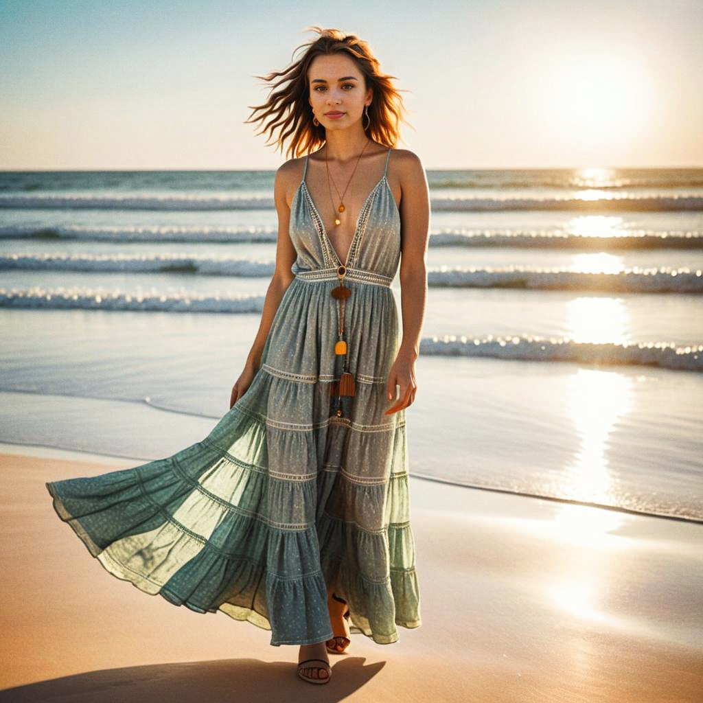 Woman in Bohemian Dress at Sunset Beach