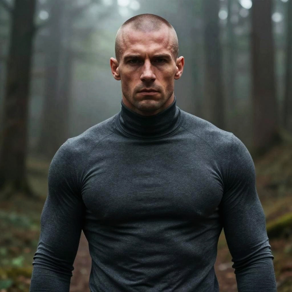 Serious Man in Dark Turtleneck Posing in Misty Forest