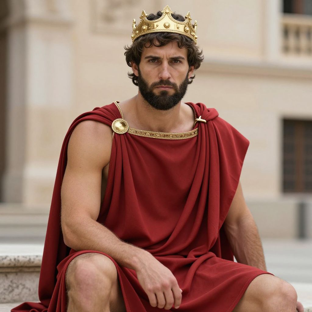 Man in Ancient King Costume Wearing Red Toga and Golden Crown