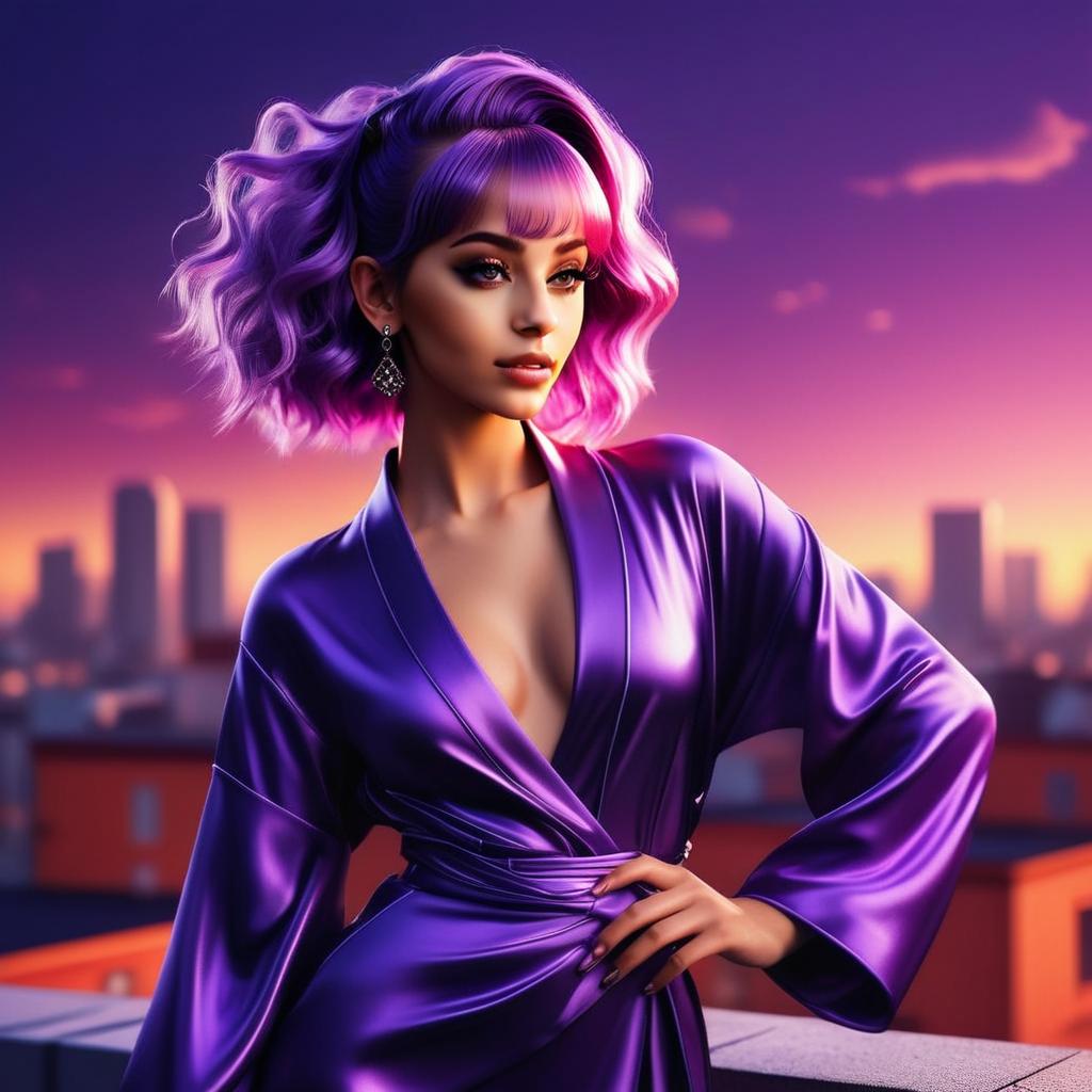 Stylish Woman with Purple Hair in Cityscape at Sunset