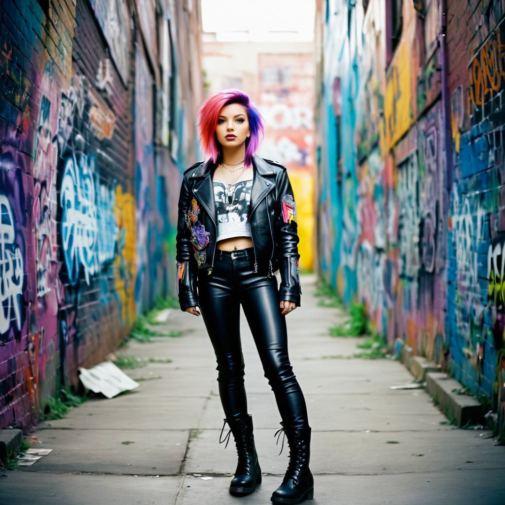 Stylish Woman with Purple and Pink Hair in Urban Alley