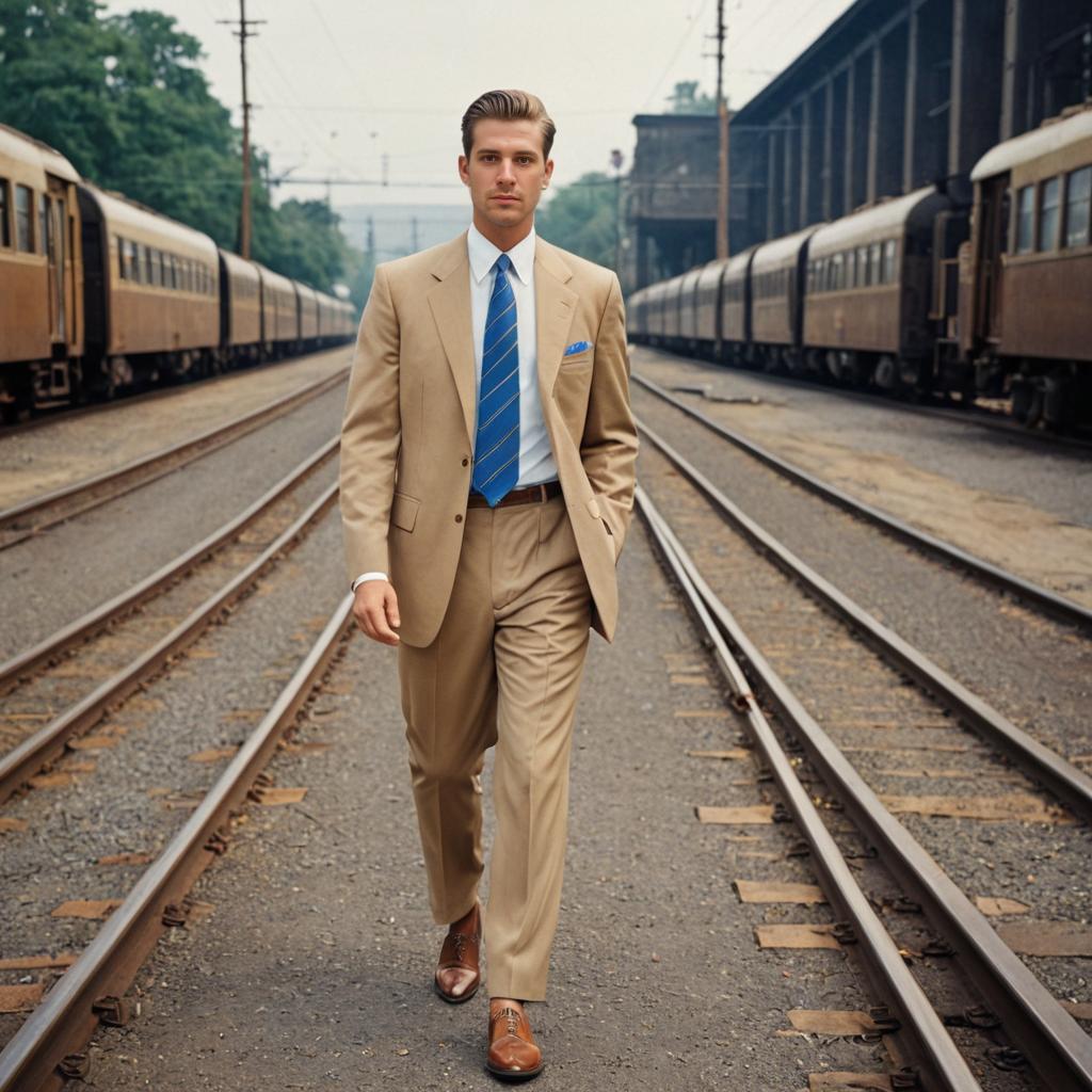 Suave Man in Tan Suit on Railway Track