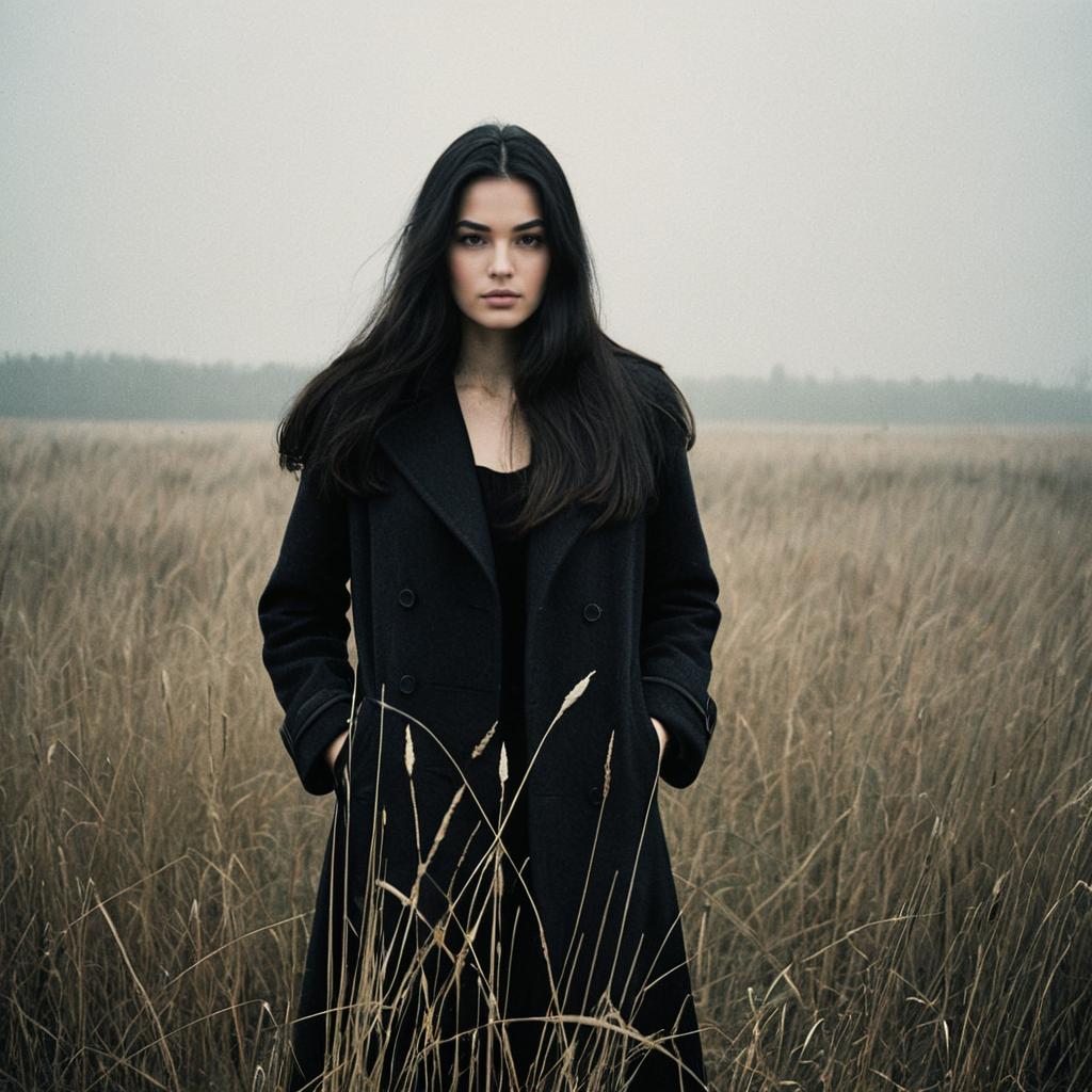Moody Portrait of Woman in Black Coat in Foggy Field