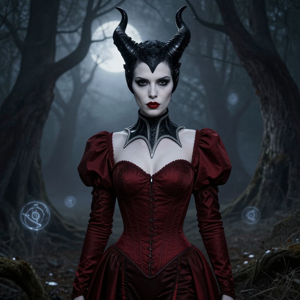 Dark Sorceress Woman in Red Gothic Dress with Horned Headpiece in Enchanted Forest