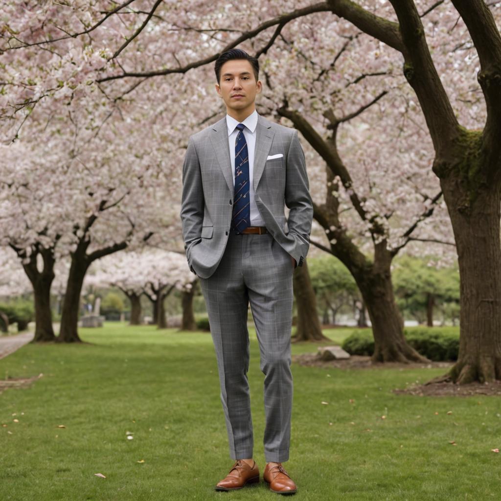 Stylish Man in Gray Suit Among Cherry Blossoms