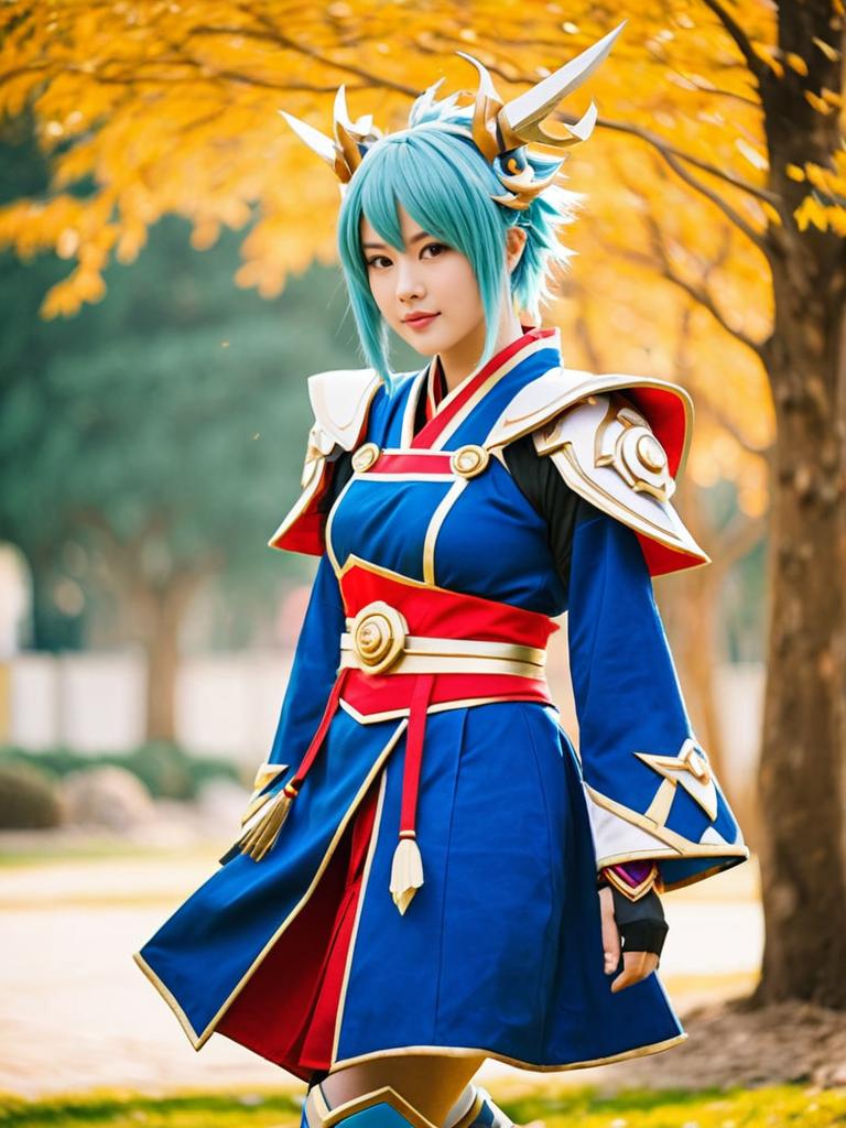 Genshin Impact Ajaw Cosplay in Autumn Outdoor Setting