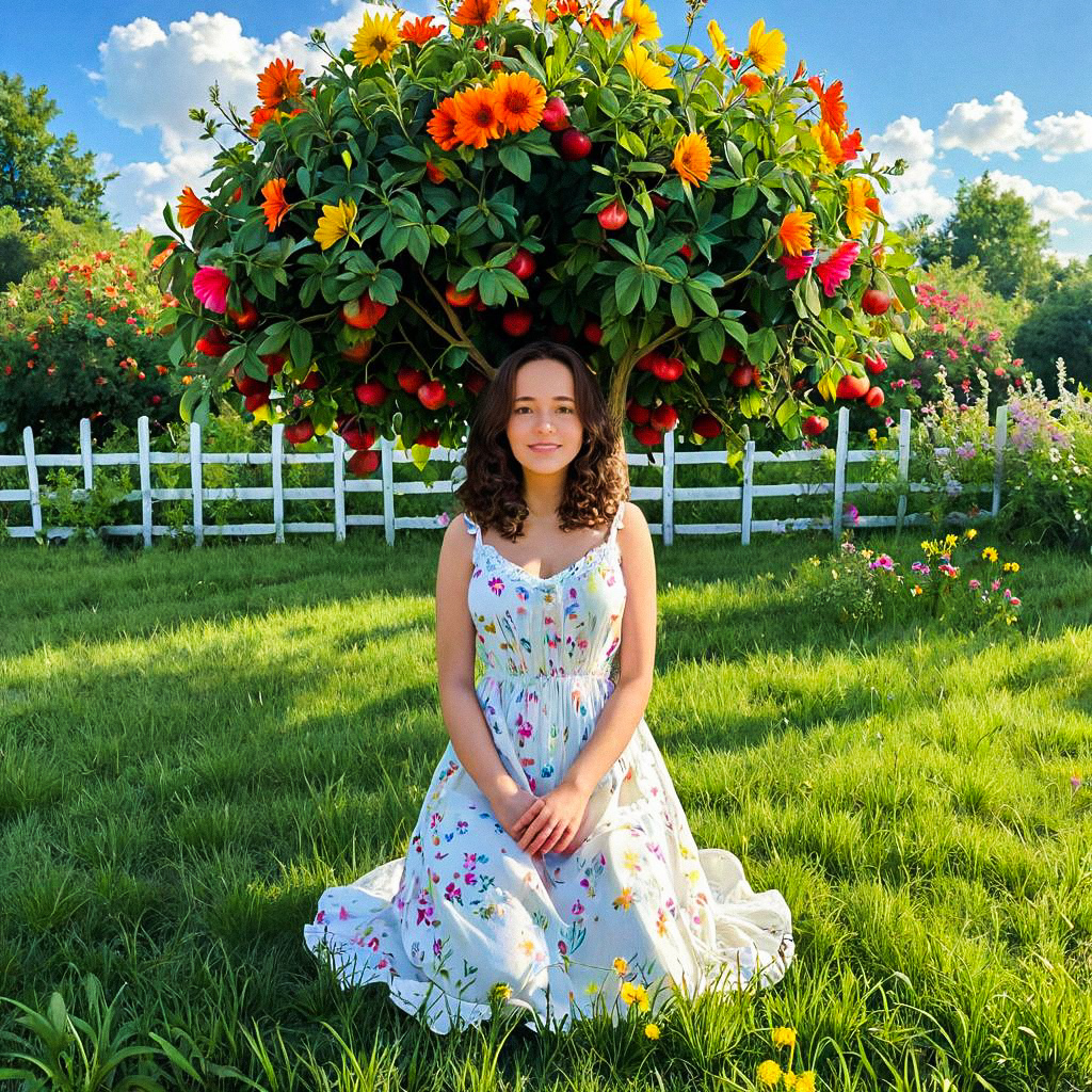 Woman in Floral Dress in Green Field with Colorful Tree