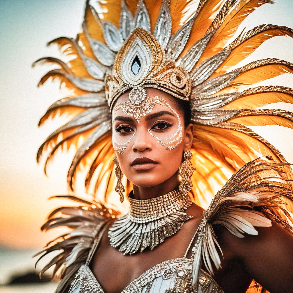 Woman in Golden Feathered Attire at Sunset Woman in Golden Feathered Attire at Sunset