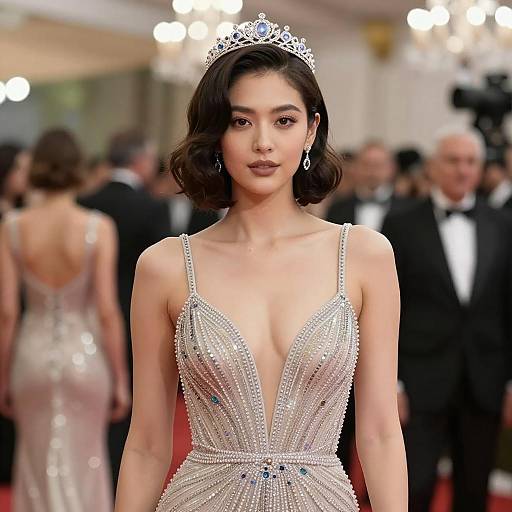 Glamorous Woman in Beaded Gown and Tiara at Formal Event