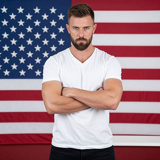 Serious Bearded Man in White T-Shirt with American Flag Background