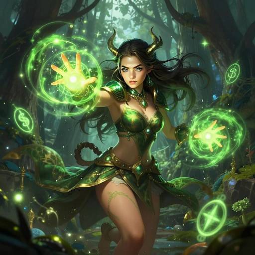Fantasy Woman Mage in Enchanted Forest Casting Green Magic